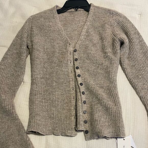 NWT Commense Oatmeal cardigan with lettuce, trim, and bell sleeves, XS - Picture 3 of 6